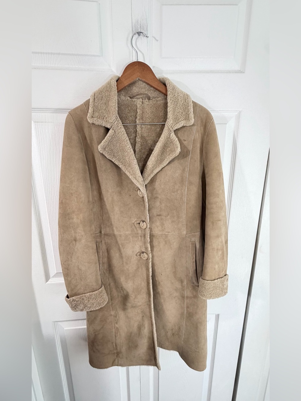 Genuine Shearling Suede Long Coat Camel Tan Made in Spain GOES Women M Vintage